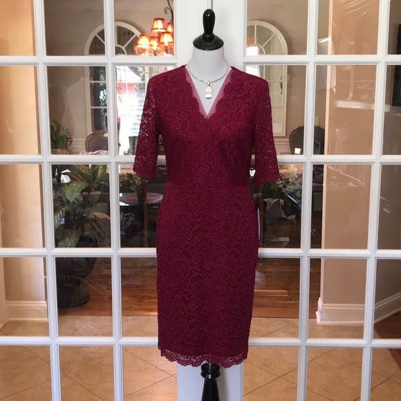 Ivanka Trump Size 8- Red Lace Dress w Sheer Sleeves - Picture 2 of 8